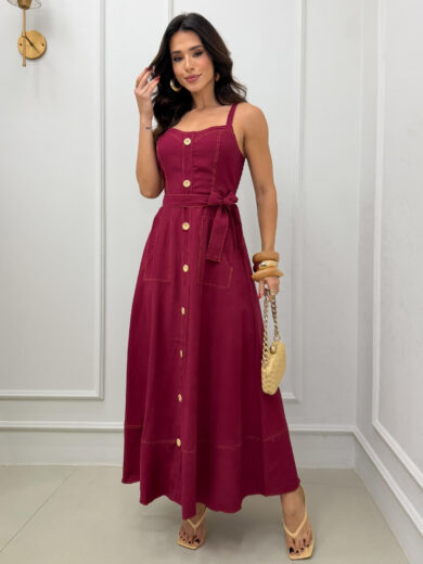 Dondoca_com_br Vestido Longuete Pespontado Com Bolsos E Botoes Vinho