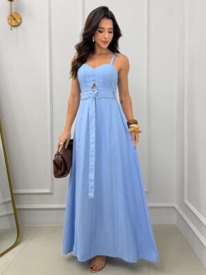 Dondoca_com_br Vestido Longuete Sensorial Linho Detalhe Abertura E Cinto Azul