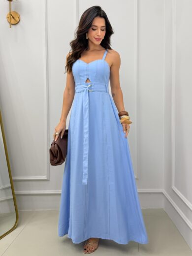 Dondoca_com_br Vestido Longuete Sensorial Linho Detalhe Abertura E Cinto Azul
