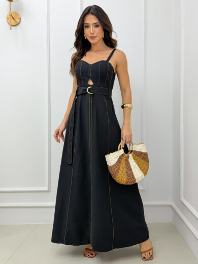 Dondoca_com_br Vestido Longuete Sensorial Linho Detalhe Abertura E Cinto Preto
