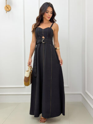 Dondoca_com_br Vestido Longuete Sensorial Linho Detalhe Abertura E Cinto Preto