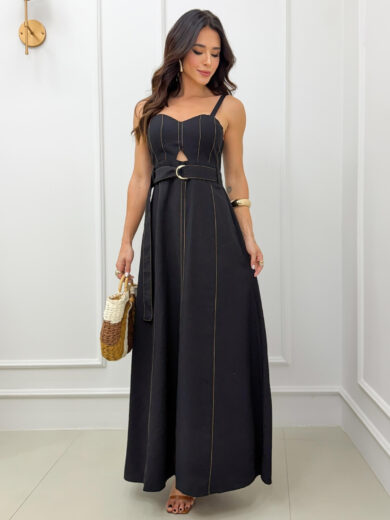 Dondoca_com_br Vestido Longuete Sensorial Linho Detalhe Abertura E Cinto Preto