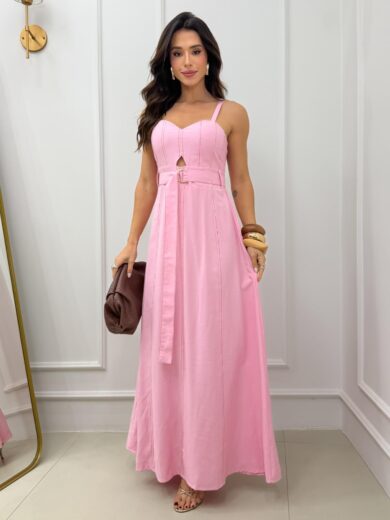 Dondoca_com_br Vestido Longuete Sensorial Linho Detalhe Abertura E Cinto Rosa