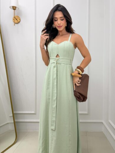 Dondoca_com_br Vestido Longuete Sensorial Linho Detalhe Abertura E Cinto Verde