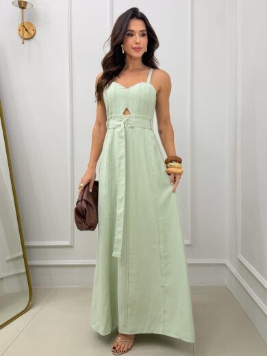 Dondoca_com_br Vestido Longuete Sensorial Linho Detalhe Abertura E Cinto Verde