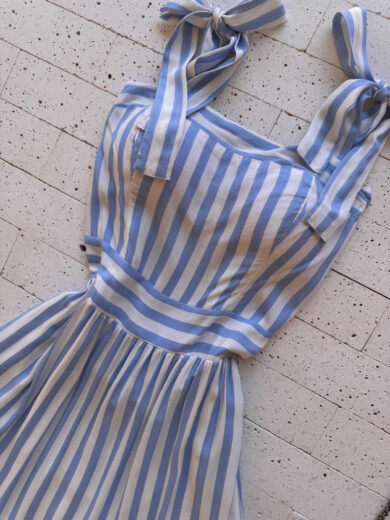 Dondoca_com_br Vestido Maxi Midi Listrado Com Alcas Lacinho Azul
