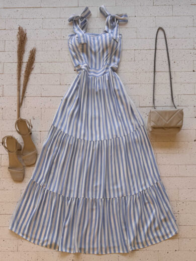 Dondoca_com_br Vestido Maxi Midi Listrado Com Alcas Lacinho Azul