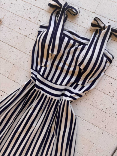 Dondoca_com_br Vestido Maxi Midi Listrado Com Alcas Lacinho Marinho