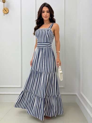 Dondoca_com_br Vestido Maxi Midi Listrado Com Alcas Lacinho Marinho
