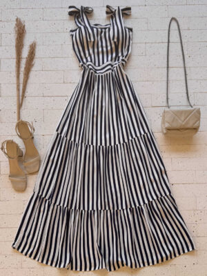 Dondoca_com_br Vestido Maxi Midi Listrado Com Alcas Lacinho Marinho
