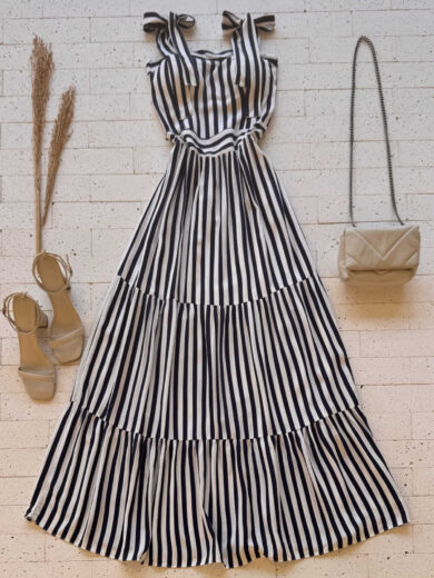 Dondoca_com_br Vestido Maxi Midi Listrado Com Alcas Lacinho Marinho