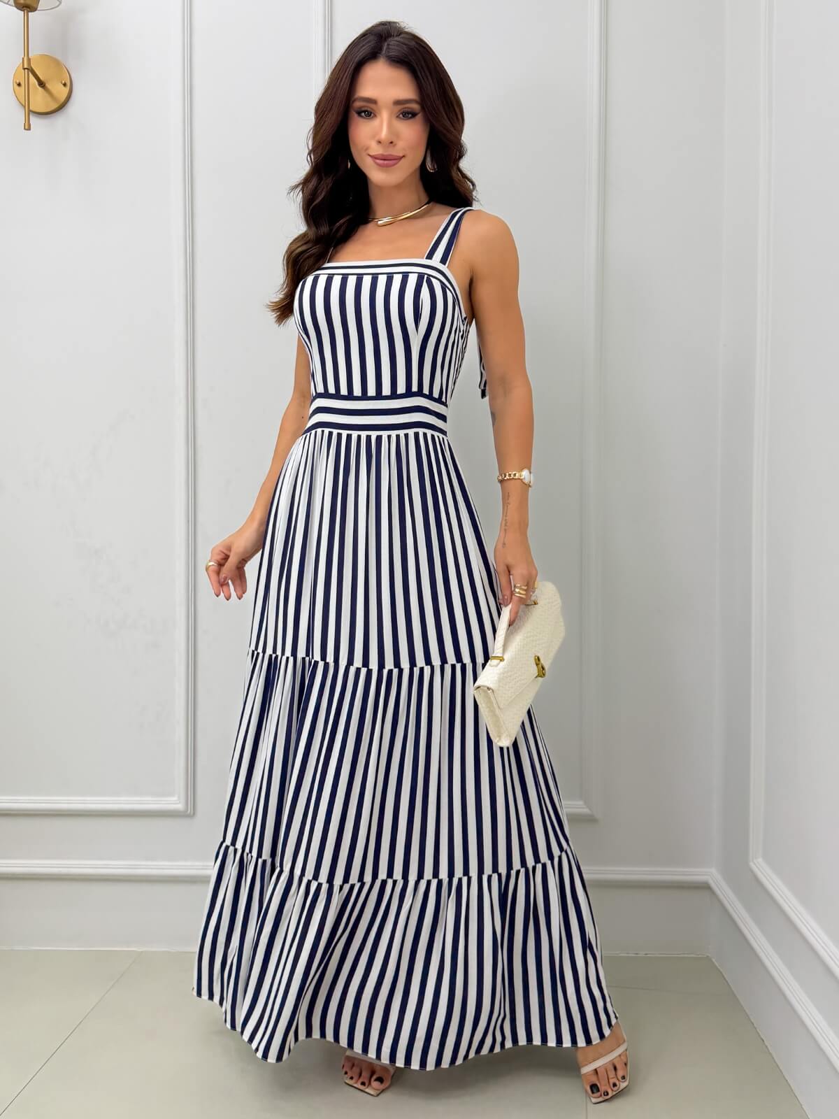 Dondoca_com_br Vestido Maxi Midi Listrado Com Alcas Lacinho Marinho