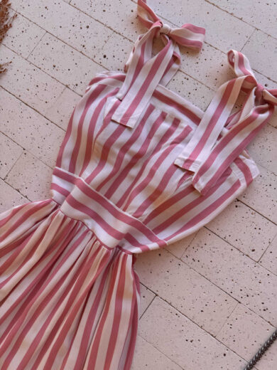 Dondoca_com_br Vestido Maxi Midi Listrado Com Alcas Lacinho Rosa