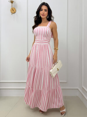 Dondoca_com_br Vestido Maxi Midi Listrado Com Alcas Lacinho Rosa