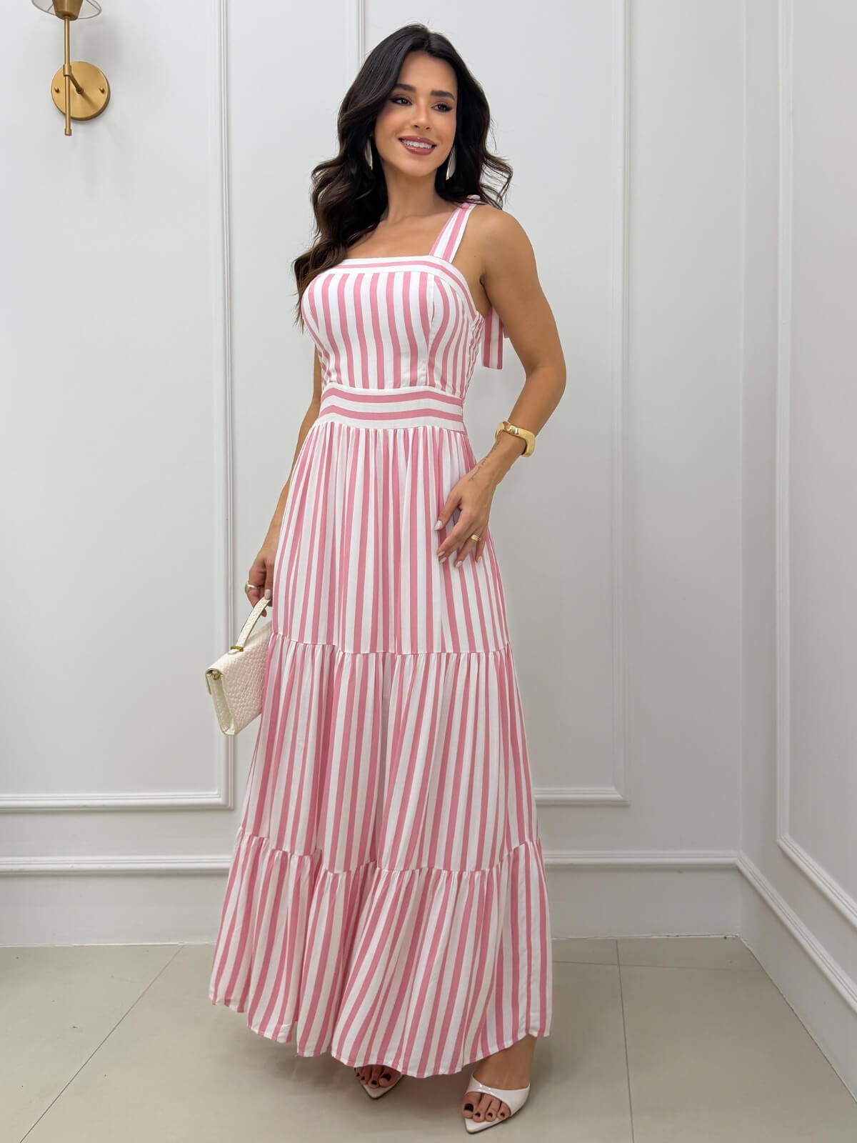 Dondoca_com_br Vestido Maxi Midi Listrado Com Alcas Lacinho Rosa