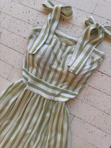 Dondoca_com_br Vestido Maxi Midi Listrado Com Alcas Lacinho Verde