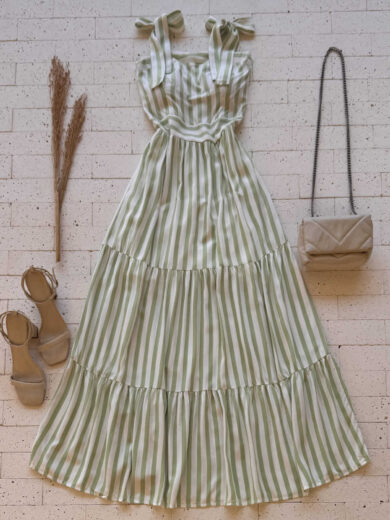 Dondoca_com_br Vestido Maxi Midi Listrado Com Alcas Lacinho Verde