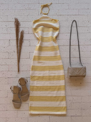 Dondoca_com_br Vestido Modal Midi Listrado Ponto Detalhado Amarelo
