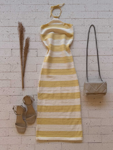 Dondoca_com_br Vestido Modal Midi Listrado Ponto Detalhado Amarelo