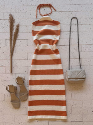 Dondoca_com_br Vestido Modal Midi Listrado Ponto Detalhado Laranja