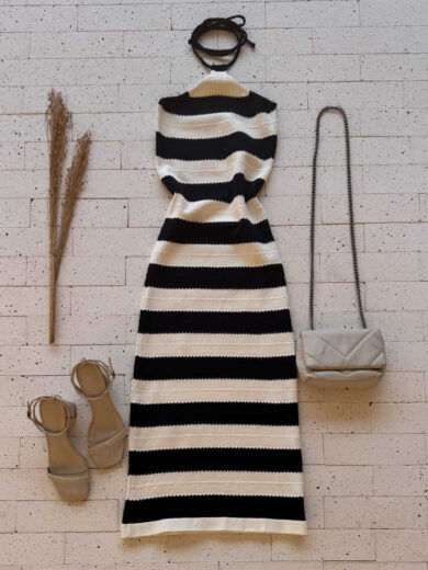 Dondoca_com_br Vestido Modal Midi Listrado Ponto Detalhado Marinho