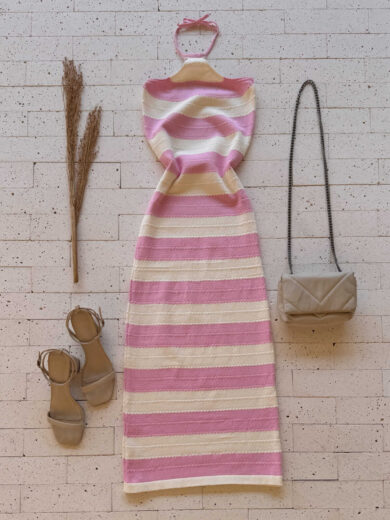 Dondoca_com_br Vestido Modal Midi Listrado Ponto Detalhado Rosa