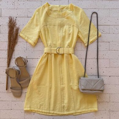 Dondoca_com_br Vestido Pespontado Com Cinto Amarelo