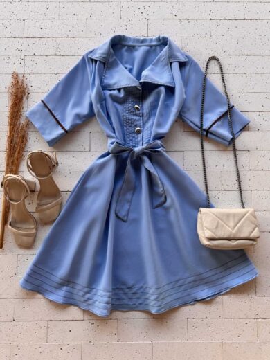 Dondoca_com_br Vestido Pespontado Com Gola E Cinto Faixa Azul