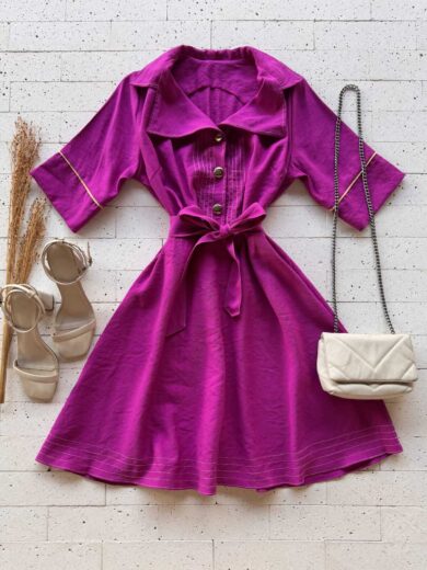Dondoca_com_br Vestido Pespontado Com Gola E Cinto Faixa Magenta