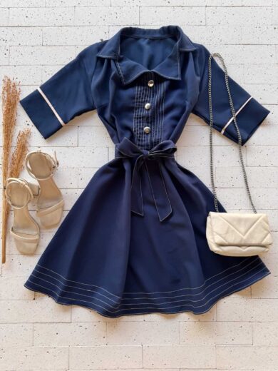 Dondoca_com_br Vestido Pespontado Com Gola E Cinto Faixa Marinho