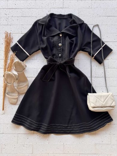 Dondoca_com_br Vestido Pespontado Com Gola E Cinto Faixa Preto