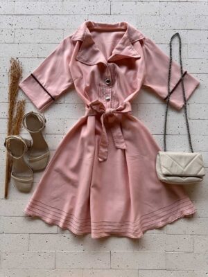Dondoca_com_br Vestido Pespontado Com Gola E Cinto Faixa Rose
