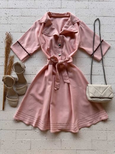 Dondoca_com_br Vestido Pespontado Com Gola E Cinto Faixa Rose
