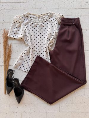 Dondoca_com_br Blusa Poa Decote Trancado Off E Marrom