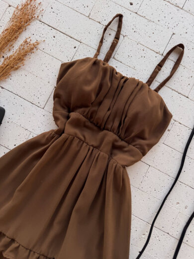 Dondoca_com_br Vestido Chifon Com Bojo Detalhe Babadinhos Cafe