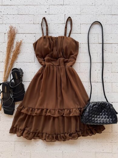 Dondoca_com_br Vestido Chifon Com Bojo Detalhe Babadinhos Cafe