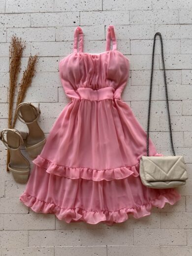 Dondoca_com_br Vestido Chifon Com Bojo Detalhe Babadinhos Rosa