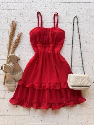 Dondoca_com_br Vestido Chifon Com Bojo Detalhe Babadinhos Vermelho