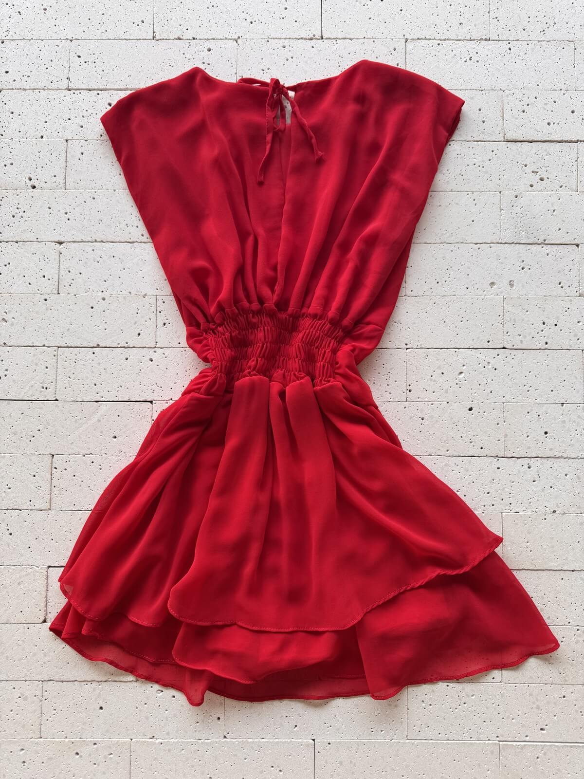 Dondoca_com_br Vestido Curto Com Short Embutido Chifon Detalhe Pregas Vermelho