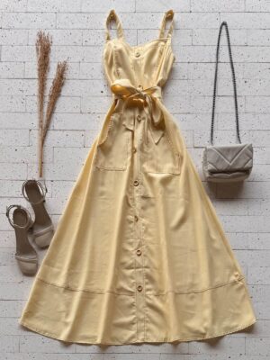 Dondoca_com_br Vestido Longuete Pespontado Com Bolsos E Botoes Amarelo