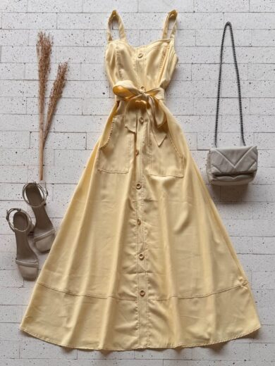 Dondoca_com_br Vestido Longuete Pespontado Com Bolsos E Botoes Amarelo
