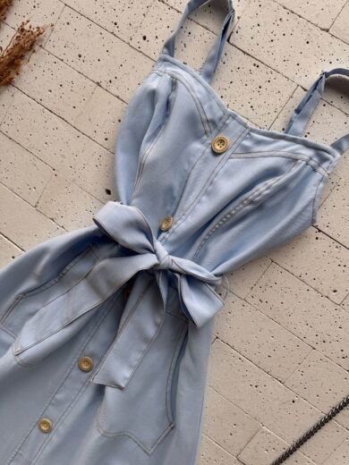 Dondoca_com_br Vestido Longuete Pespontado Com Bolsos E Botoes Azul
