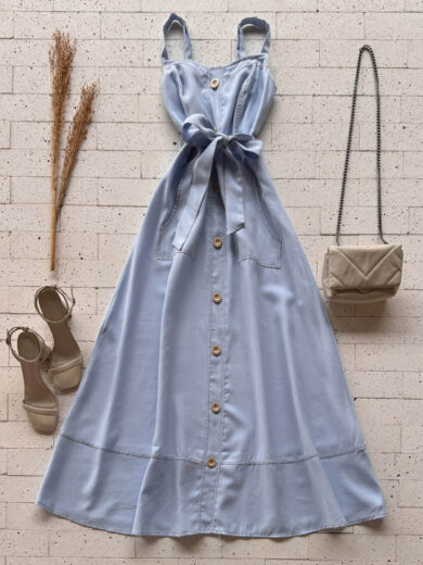 Dondoca_com_br Vestido Longuete Pespontado Com Bolsos E Botoes Azul