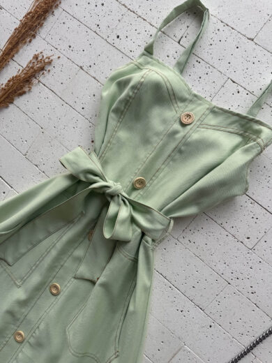 Dondoca_com_br Vestido Longuete Pespontado Com Bolsos E Botoes Pistache