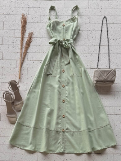 Dondoca_com_br Vestido Longuete Pespontado Com Bolsos E Botoes Pistache