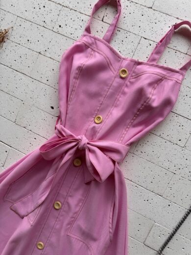 Dondoca_com_br Vestido Longuete Pespontado Com Bolsos E Botoes Rosa