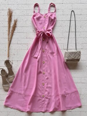 Dondoca_com_br Vestido Longuete Pespontado Com Bolsos E Botoes Rosa