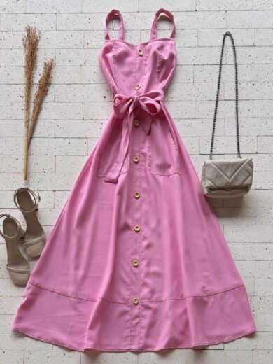 Dondoca_com_br Vestido Longuete Pespontado Com Bolsos E Botoes Rosa