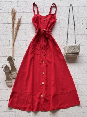 Dondoca_com_br Vestido Longuete Pespontado Com Bolsos E Botoes Vermelho