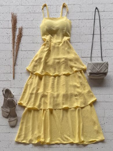 Dondoca_com_br Vestido Maxi Midi Alcinha E Camadas Tres Marias Amarelo